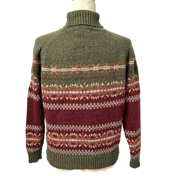 Mountain Lake Fair Isle Turtleneck Sweater PM Green Burgundy Ramie Cotton - Picture 3 of 6